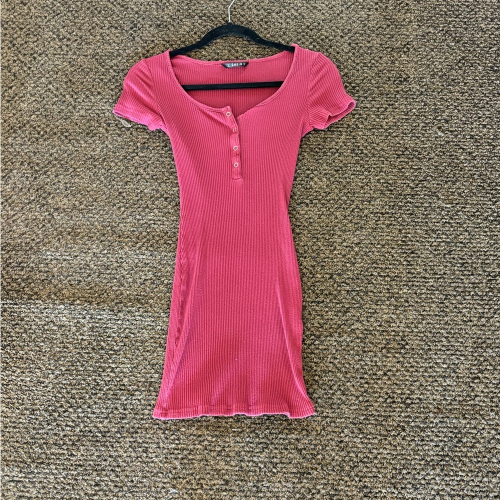 Red Ribbed Button-Down Dress